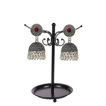 Piah Beautiful Oxidised Red Stone Silver Plated Jhumka Earrings Brass Jhumki Earring 2