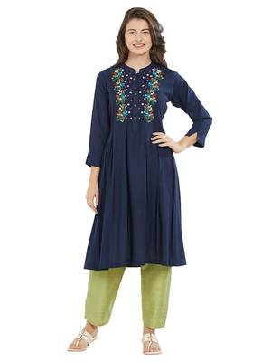 Blue embroidered cotton kurti 1