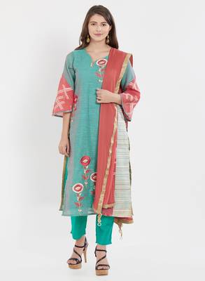 Turquoise embroidered chanderi salwar with dupatta 1