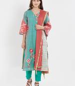 Turquoise embroidered chanderi salwar with dupatta