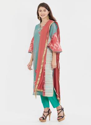 Turquoise embroidered chanderi salwar with dupatta 3