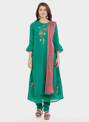Green embroidered cotton silk salwar with dupatta 1