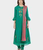 Green embroidered cotton silk salwar with dupatta