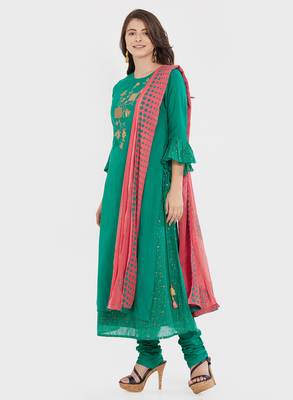Green embroidered cotton silk salwar with dupatta 3