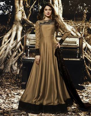 Brown embroidered satin salwar with dupatta 1