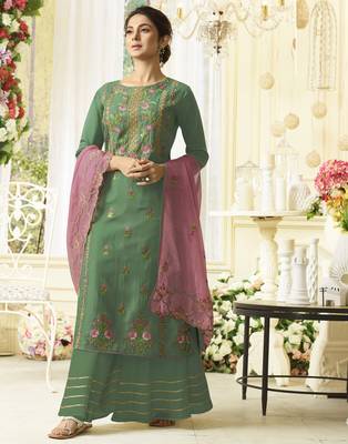 Green embroidered silk salwar with dupatta 1