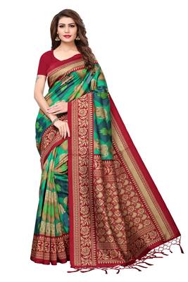 Green printed art silk sarees saree with blouse 1