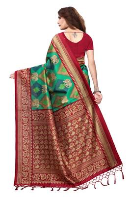 Green printed art silk sarees saree with blouse 2