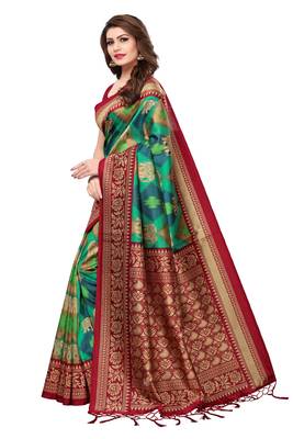 Green printed art silk sarees saree with blouse 3