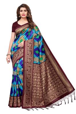 Blue printed art silk sarees saree with blouse 1