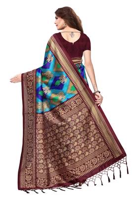 Blue printed art silk sarees saree with blouse 2