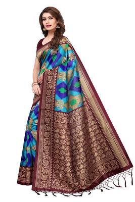Blue printed art silk sarees saree with blouse 3