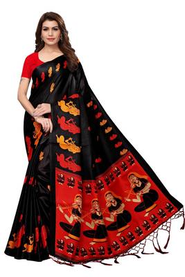 Black printed khadi saree with blouse 1