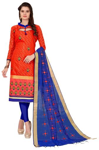 Orange Embroidered Cotton Salwar With Dupatta