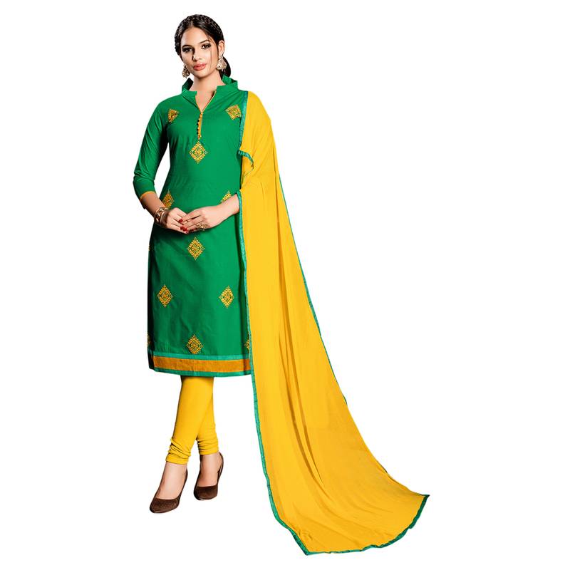 Green Embroidered Cotton Salwar With Dupatta