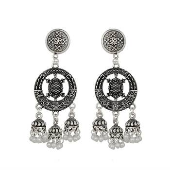 Piah Round  Inward Tortoise Three Jumkhi White Beads Oxidised Earring For Women 1