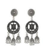 Piah Round  Inward Tortoise Three Jumkhi White Beads Oxidised Earring For Women