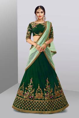 dark green ly embroidered tapeta silk lehenga set choli with dupatta 1