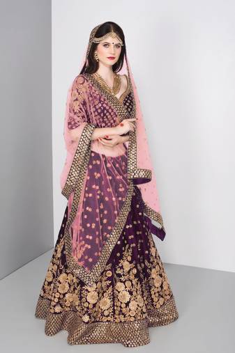 Marvellous Purple Colored Embroidered Pure Velvet Bridal Lehenga Choli For Wedding