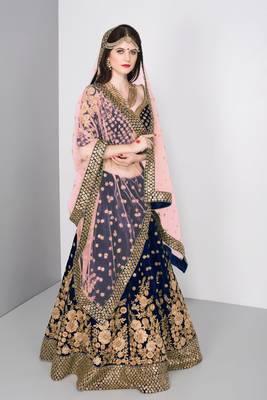 Marvellous Navy Blue Colored Embroidered Pure Velvet Bridal Lehenga Choli For Wedding 1