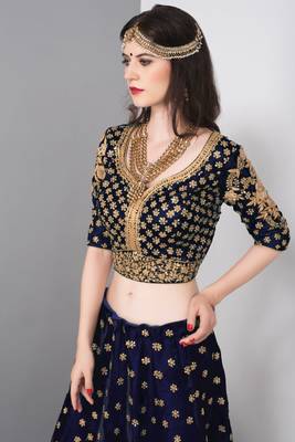 Marvellous Navy Blue Colored Embroidered Pure Velvet Bridal Lehenga Choli For Wedding 2