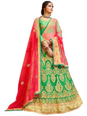 Green Colour Heavy Zari Embrodiery Net Sattin Fabric Lehenga With Blouse 1