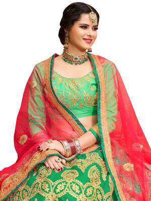 Green Colour Heavy Zari Embrodiery Net Sattin Fabric Lehenga With Blouse 2