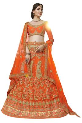 Orange Colour Heavy Zari Embrodiery Net Sattin Fabric Lehenga With Blouse 1