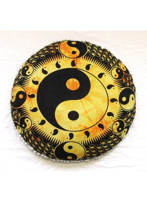 28 Yellow Tie Dye Ying Yang Printed Round Floor Decorative Pillow