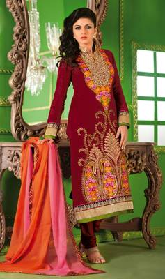 Maroon embroidered georgette salwar with dupatta 1
