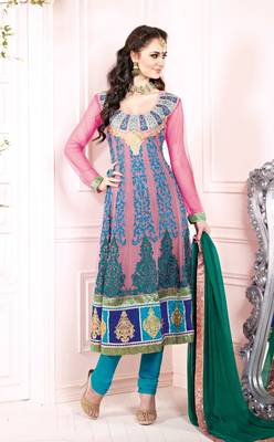 Pink embroidered georgette salwar with dupatta 1