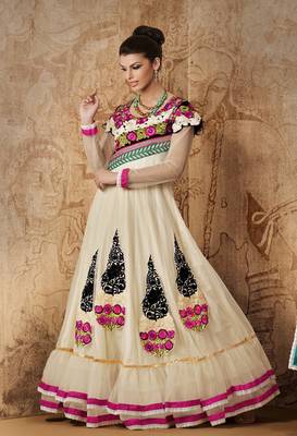 Cream embroidered net salwar with dupatta 1