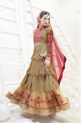 Beige embroidered net salwar with dupatta 1