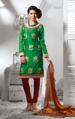 Green embroidered dupion silk salwar with dupatta 1