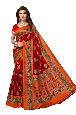 Red printed art silk sarees saree with blouse 1