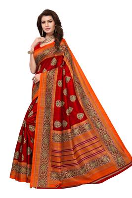 Red printed art silk sarees saree with blouse 3