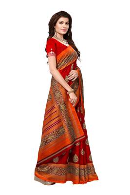 Red printed art silk sarees saree with blouse 4