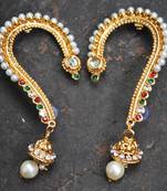 Red, green and white stone studded pearl ear cuffs for women with jhumki earrings