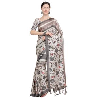 Cream printed art silk saree with blouse 1