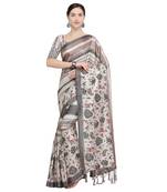 Cream printed art silk saree with blouse
