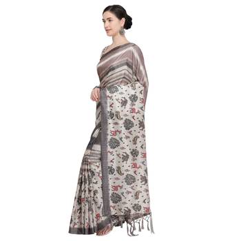 Cream printed art silk saree with blouse 2