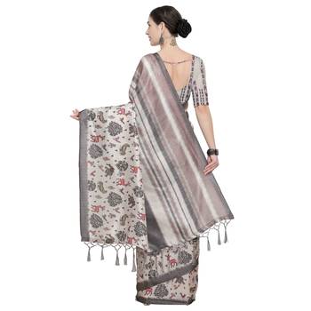 Cream printed art silk saree with blouse 3