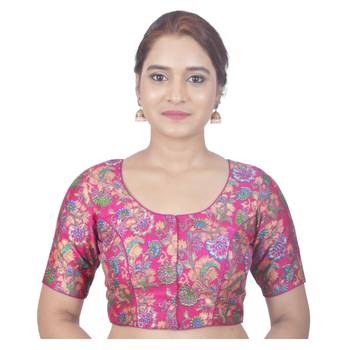 Biyu Banglori Silk Pink Floral Printed Designer Princess Cut Padded Half sleeves Readymade Saree Blouse 1