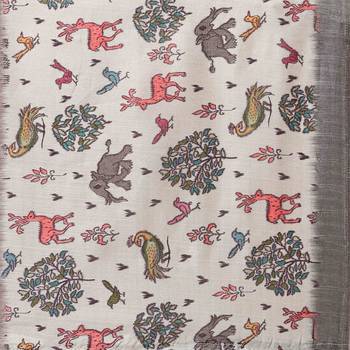 Cream printed art silk saree with blouse 5