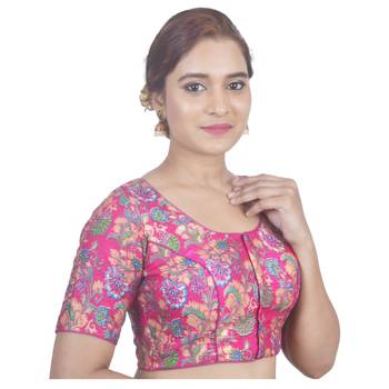 Biyu Banglori Silk Pink Floral Printed Designer Princess Cut Padded Half sleeves Readymade Saree Blouse 2