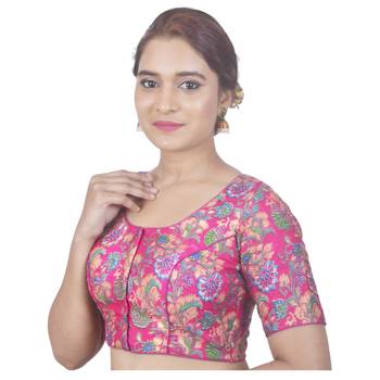 Biyu Banglori Silk Pink Floral Printed Designer Princess Cut Padded Half sleeves Readymade Saree Blouse 3