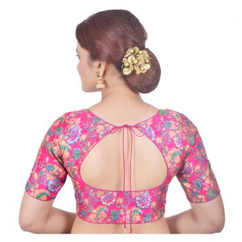 Biyu Banglori Silk Pink Floral Printed Designer Princess Cut Padded Half sleeves Readymade Saree Blouse 4