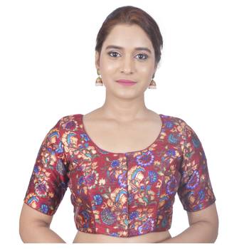 Biyu Banglori Silk Maroon Floral Printed Designer Princess Cut Padded Half sleeves Readymade Saree Blouse 1