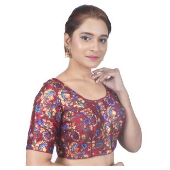Biyu Banglori Silk Maroon Floral Printed Designer Princess Cut Padded Half sleeves Readymade Saree Blouse 2