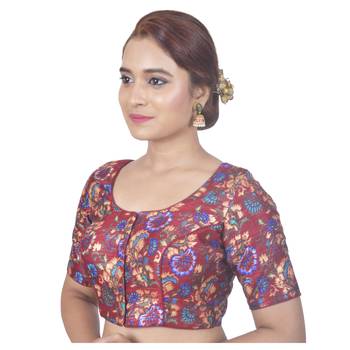 Biyu Banglori Silk Maroon Floral Printed Designer Princess Cut Padded Half sleeves Readymade Saree Blouse 3
